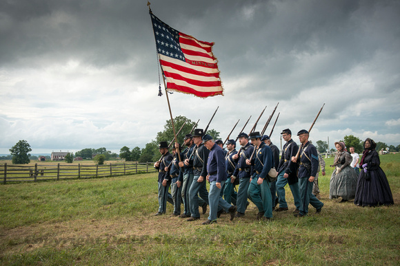 1st Minnesota Infantry & Gettysburg:  Reenactors Marching with Union Flag